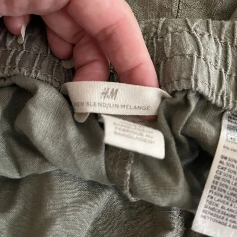 H&M Green Linen Cotton SZ XL Pants Wide Leg Elastic Waist High Rise Beach Resort